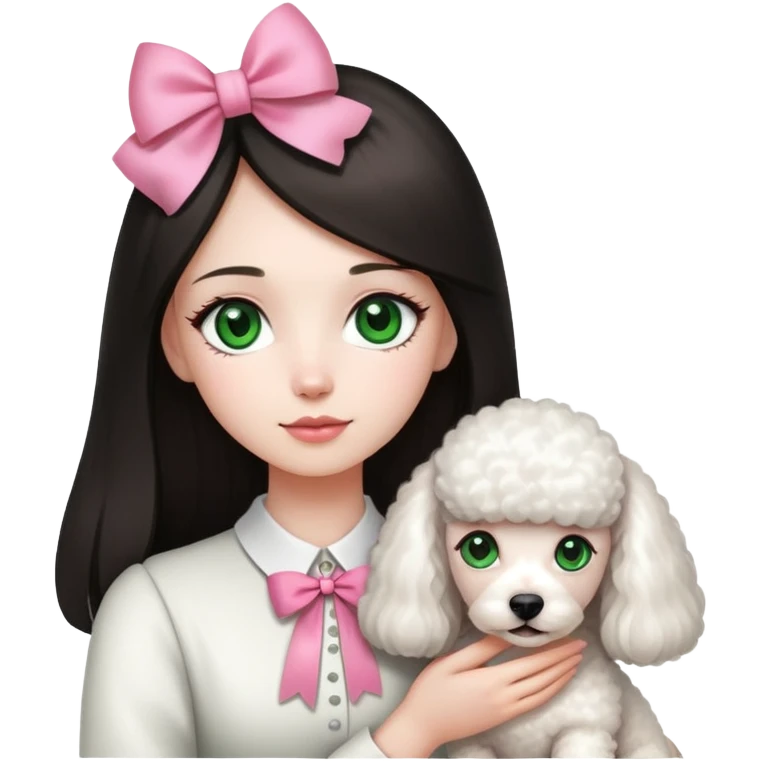 A girl with green eyes and long straight dark hair, who is holding a white poodle with a pink little bow. emoji