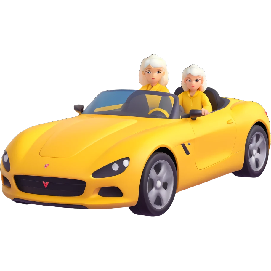 Make the yellow sports car 20% more realistic while keeping the mother with white hair looking fast and furious, dynamic motion effects, sporty 3D emoji style, no background emoji