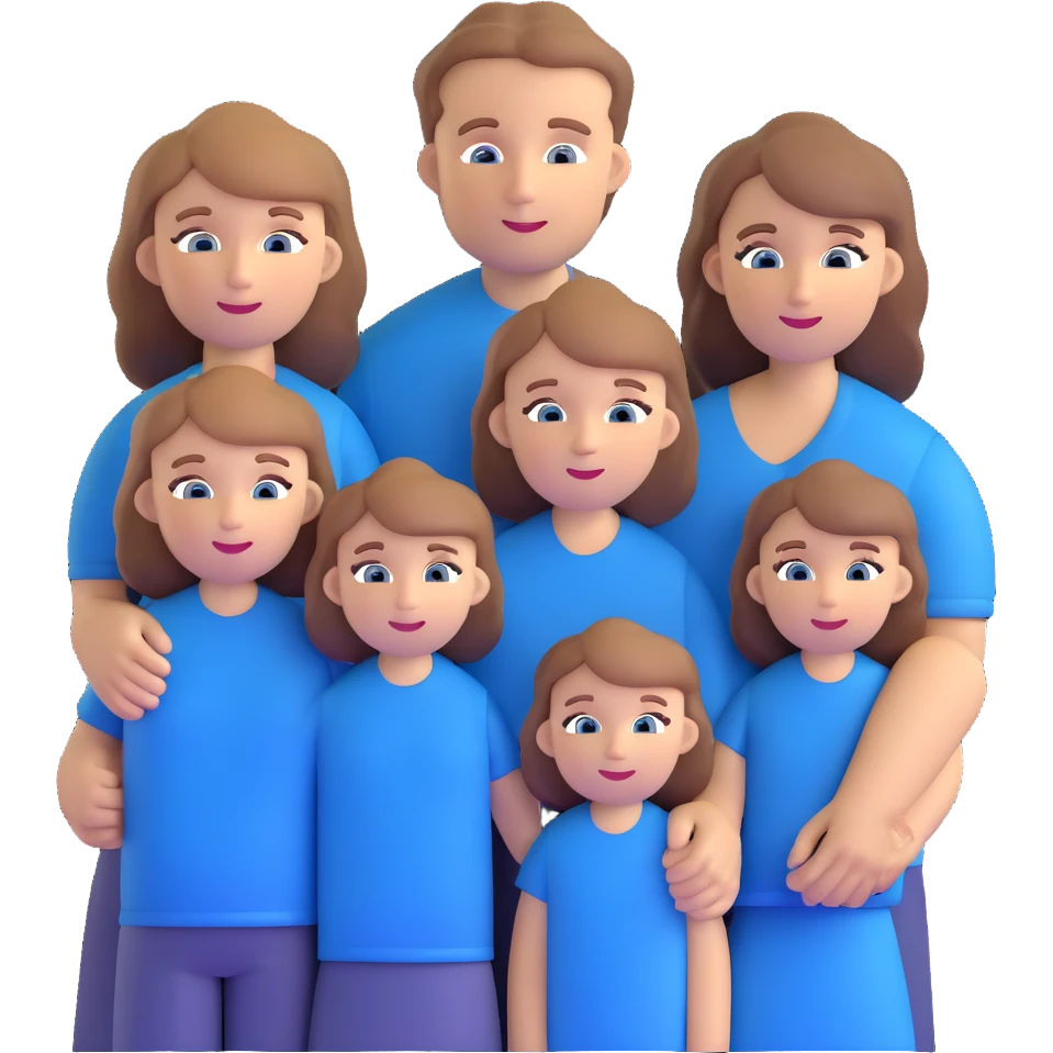 Family with mother, father and three little girls, everyone has light brown hair and blue eyes emoji