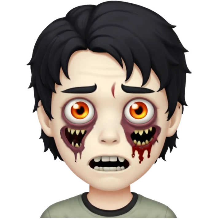 a boy with wavy hair, a zombie-shaped mouth piercing hum, and black hair emoji