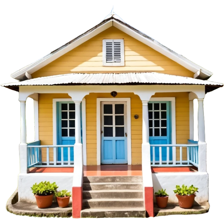 A typical wooden house from rural Puerto Rico with a central functional door, two symmetrical windows, a front porch with open railings, a rocking chair, and a small garden. The house should look humble but well-maintained, evoking warmth and authenticity. emoji