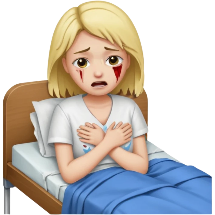 Mulher jovem chorando muito em cima de uma maca de hospital com as roupas rasgadas emoji