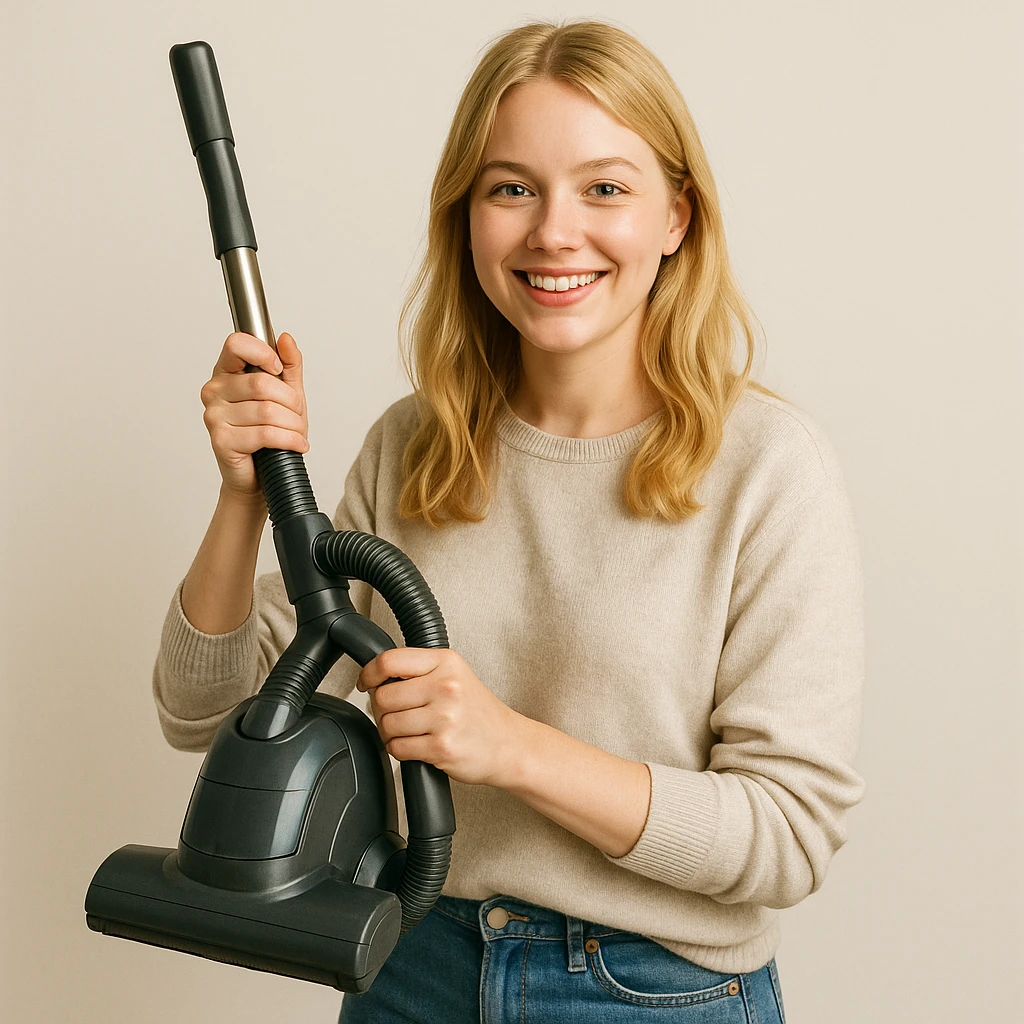 white girl with blonde hair holding a vacuum cleaner, style 4 emoji
