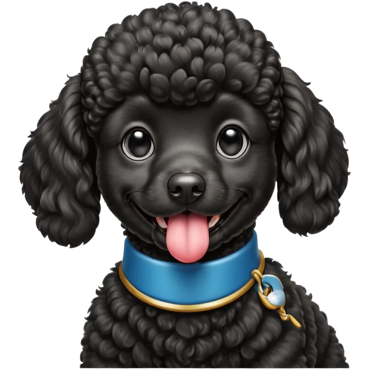 A high-resolution square-format digital illustration of a black poodle in a clean, semi-realistic style. The poodle is shown from the chest up, facing forward with a slight tilt of the head to the left, tongue out playfully. emoji