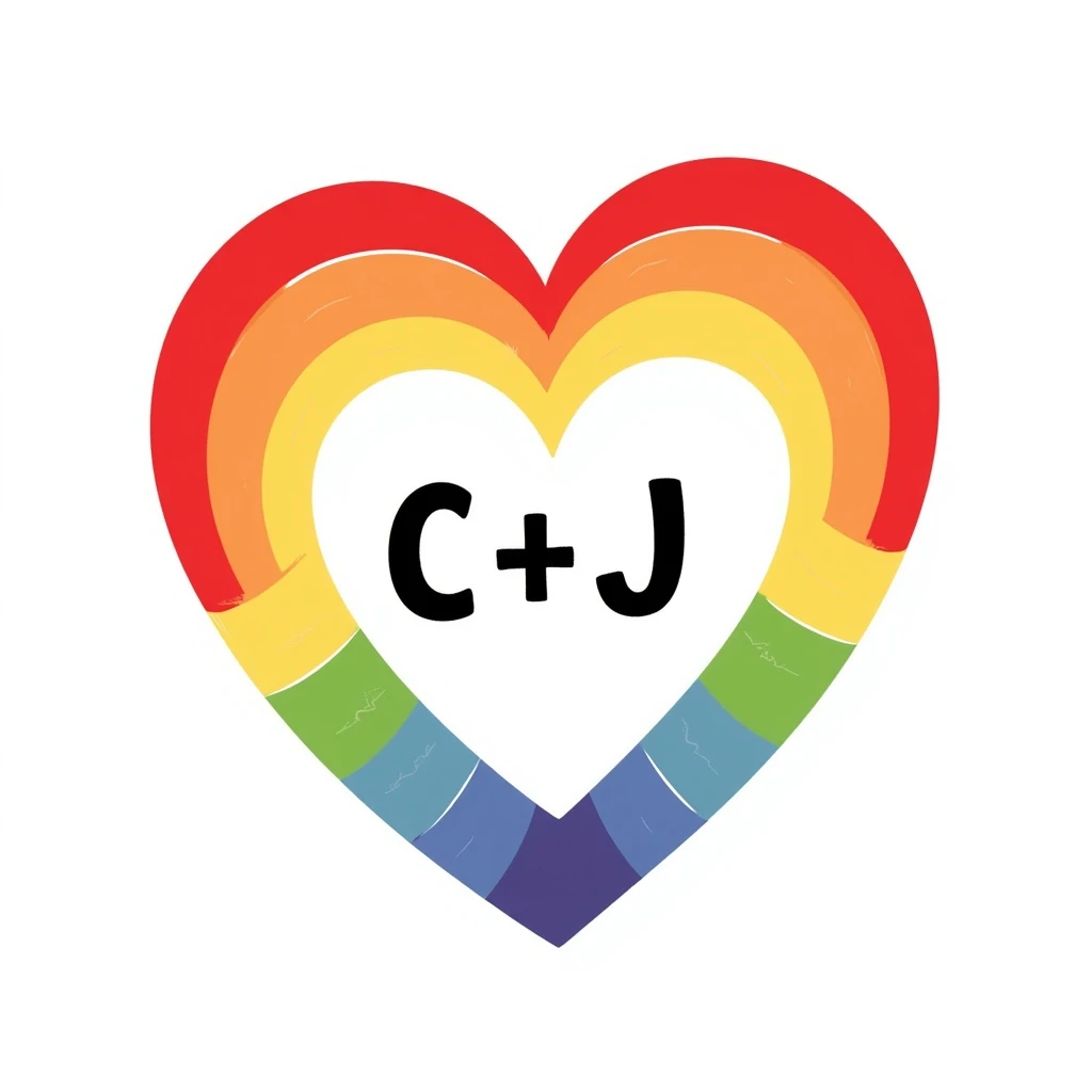 hand-drawn style rainbow heart with 'C+J' written in the middle, casual and friendly look emoji