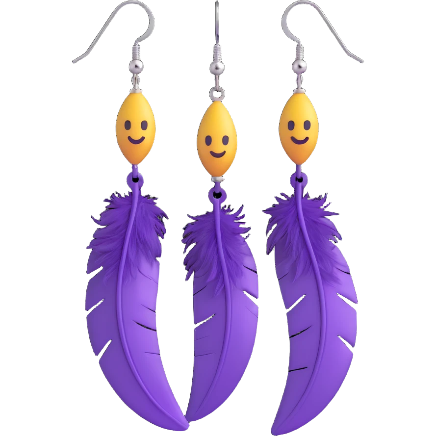 3D emoji-style purple feather earrings, soft and whimsical emoji