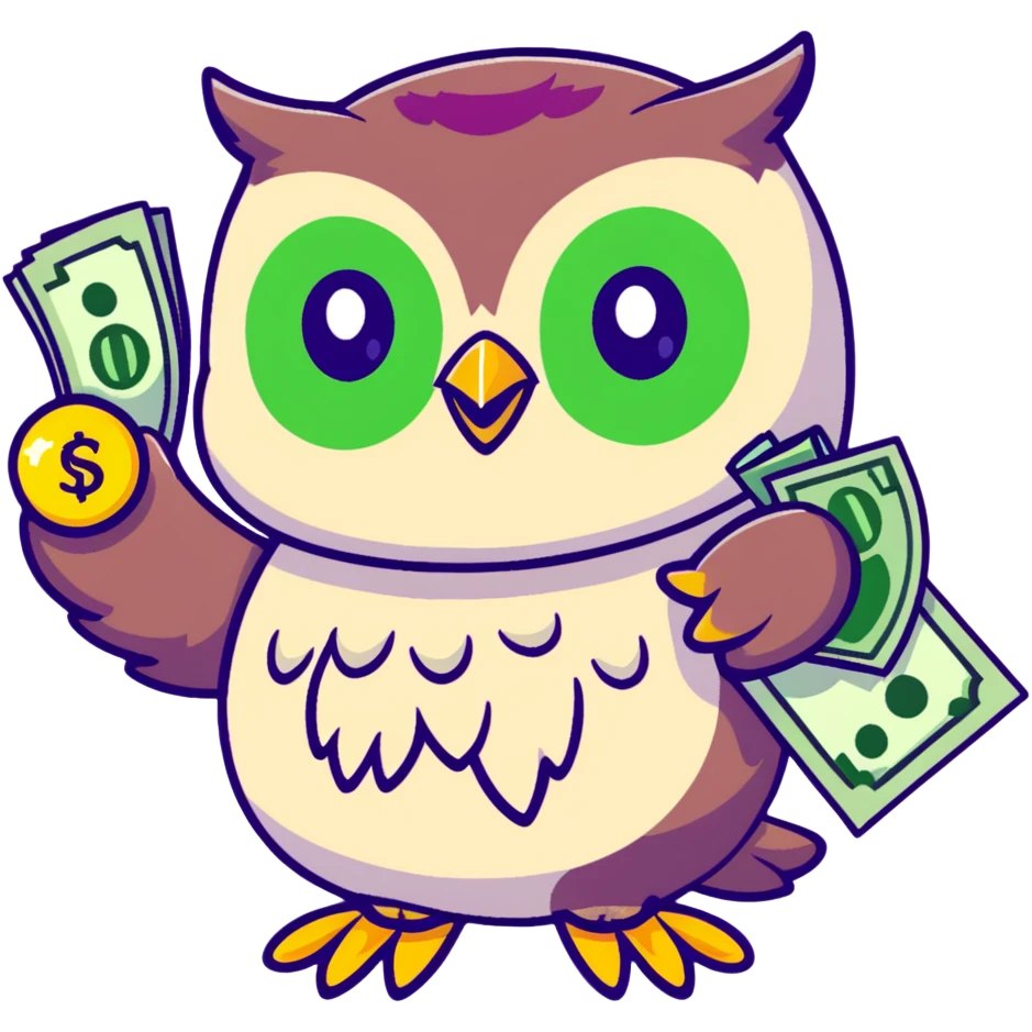 wealth luck symbolizing owl character, large green eyes, golden feathers, holding a money pouch in its feet, pastel tones, sticker style, rounder and cuter emoji