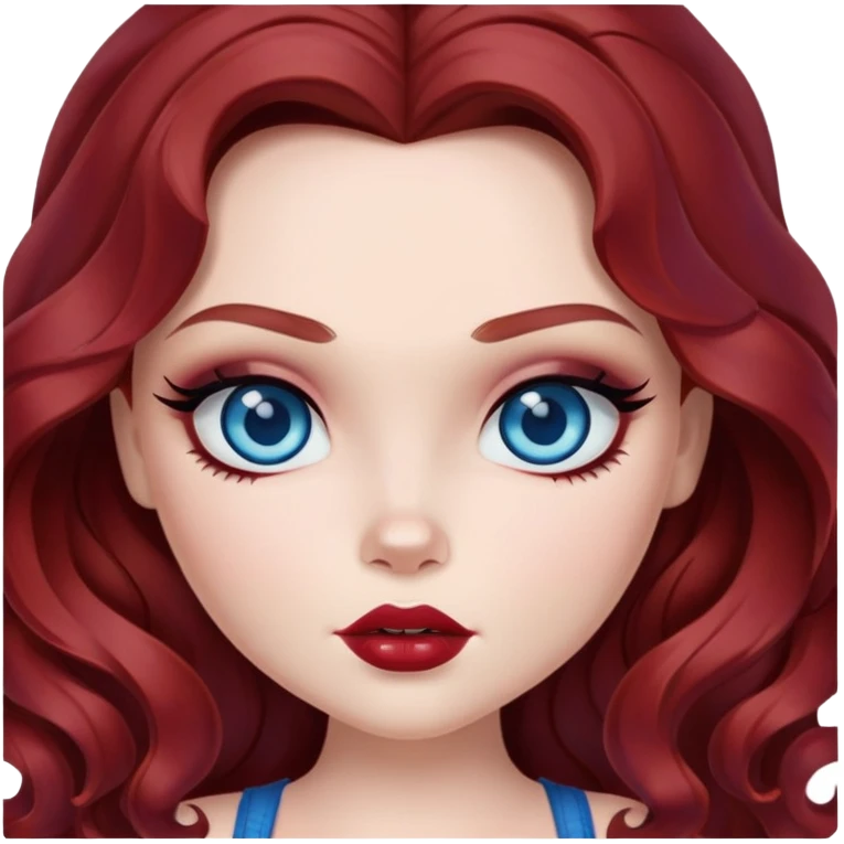bratz pretty baddie, dark red wavy hair, pale skin, long hair, blue eyes, makeup emoji