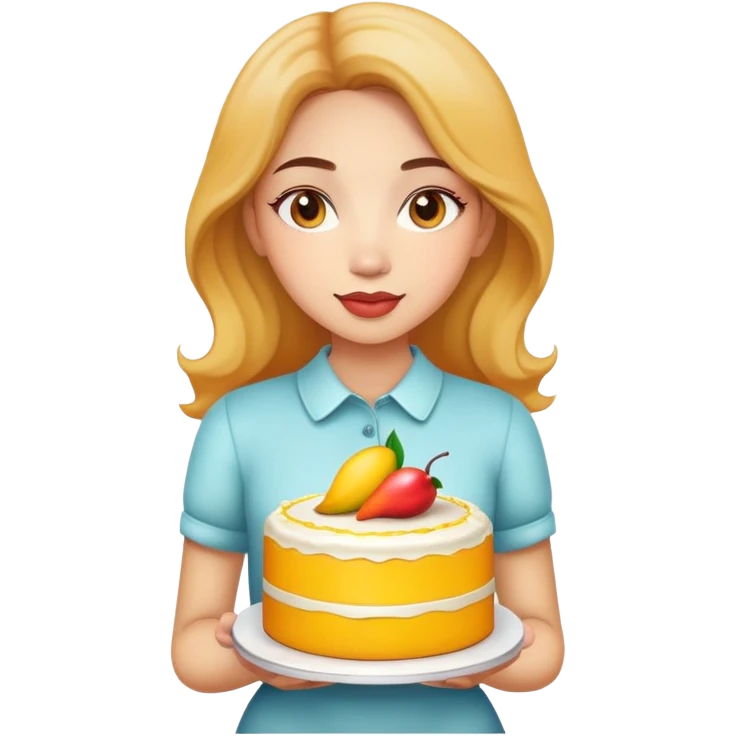 Beautiful girl holding a big mango cake in both hands emoji