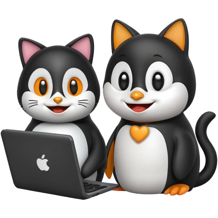 a penguin and a cat together using a computer, emoji style emoji