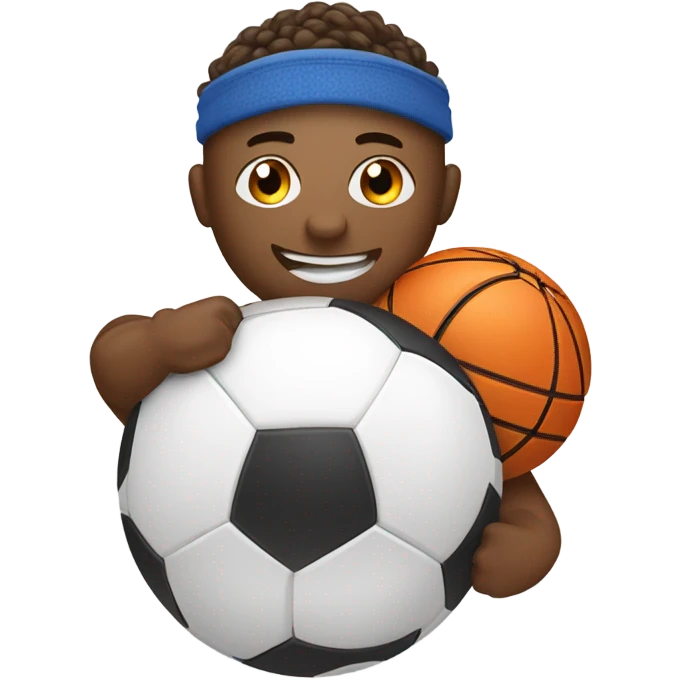 A smiling white emoji face wearing a sports headband, surrounded by a soccer ball, basketball, dumbbell, and yoga mat. emoji