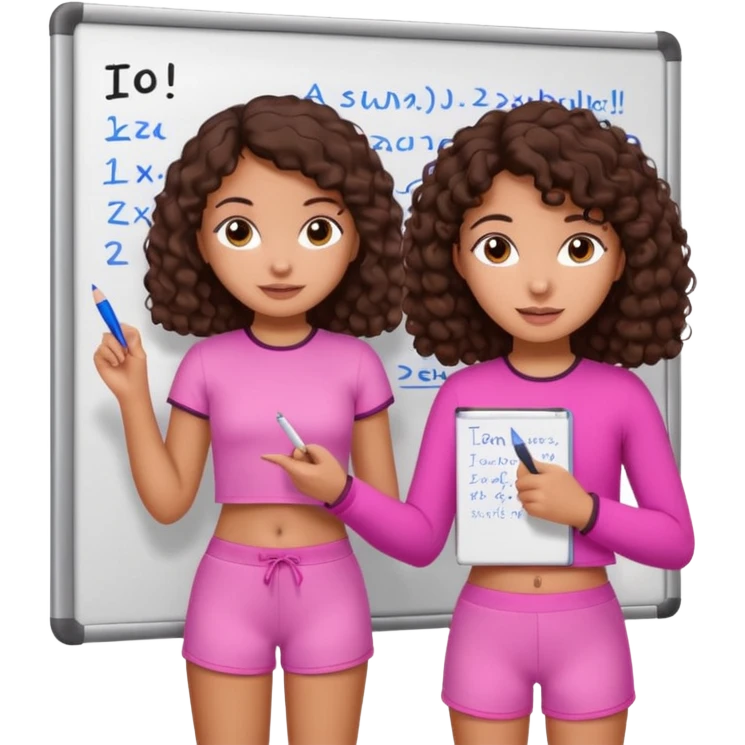 a girl with dark brown curly like hair wearing pink not hot pink 2 piece set teaching up on a board emoji