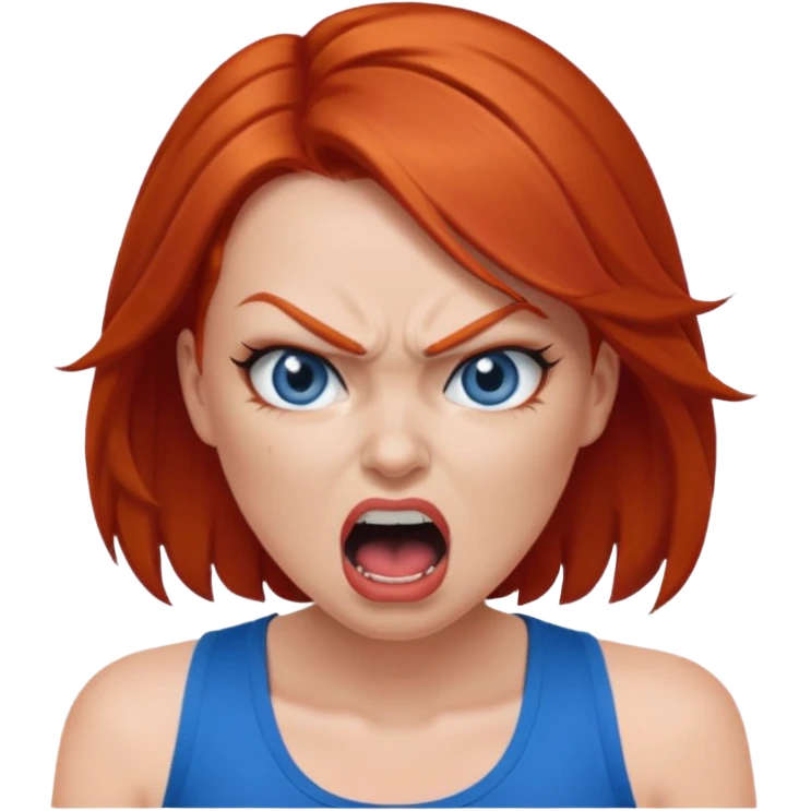 mujer pelirroja con los ojos y los labios maquillados enojada gritando con musculosa azul emoji