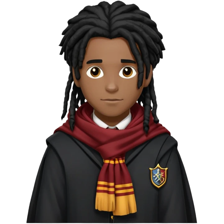 Luke Youngblood is Lee Jordan in harry potter, wear hogwarts uniform, dreadlocks black  hair, black skin,  gryfindor scarf around neck emoji