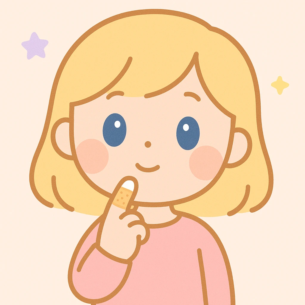 blonde-haired, blue-eyed, fair-skinned girl with a bandaged index finger, placing her bandaged index finger on her chin and thinking, cute expressive style emoji
