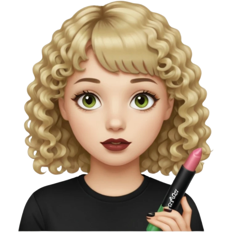 young woman wearing a black t shirt with curly dirty blonde hair, straight bangs, and hazel green & brown eyes. She is holding a Heather Rae Essentials Lippie Gloss emoji
