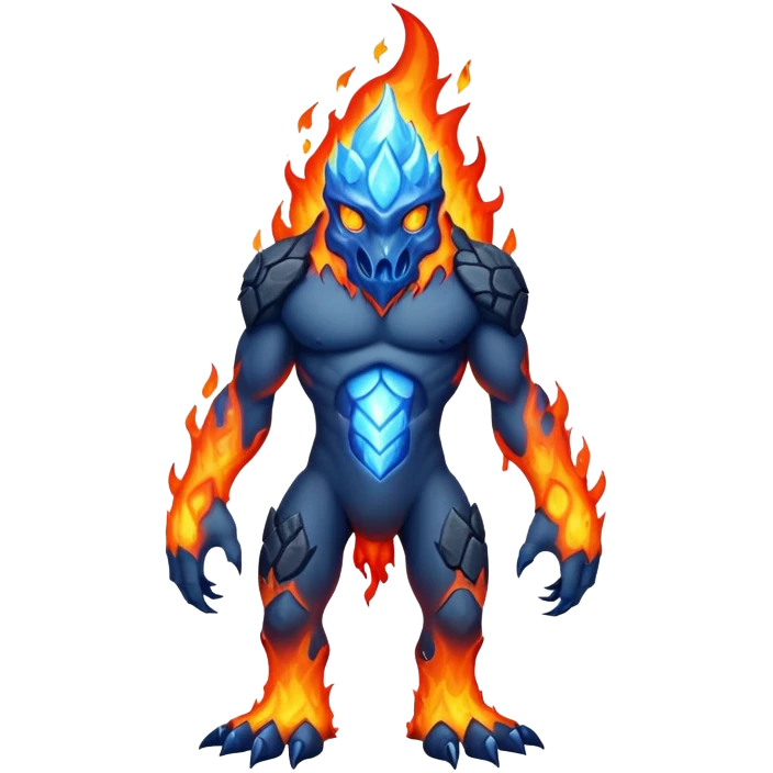 a mystical fast lava creature without arms with molten lava on its head and some rocky shoulders, fire crystals, blue flames, fire legs, no background emoji