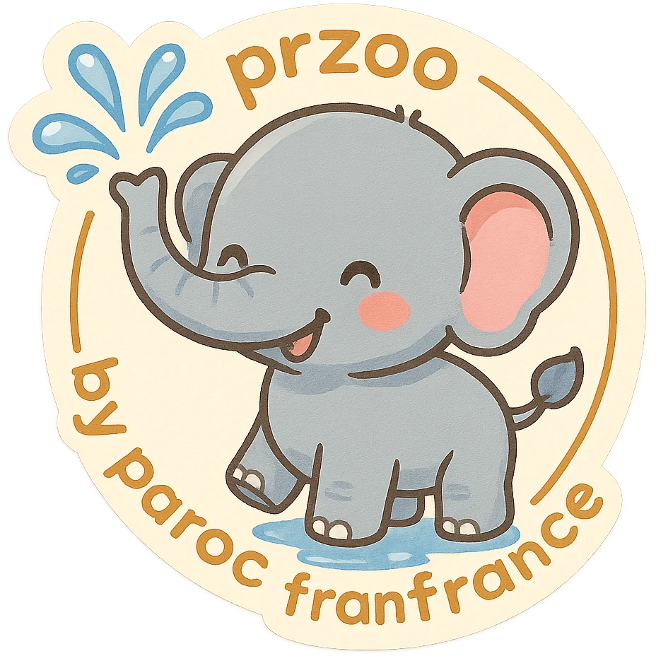 Logo avce un éléphant qui projette de l'eau avec au tour ( en rond ) écris : parzoo by paroc france  emoji