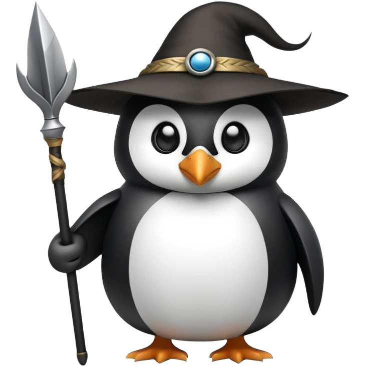 Penguin dressed as Odin with one eye, wearing a wide-brimmed hat and holding a spear emoji