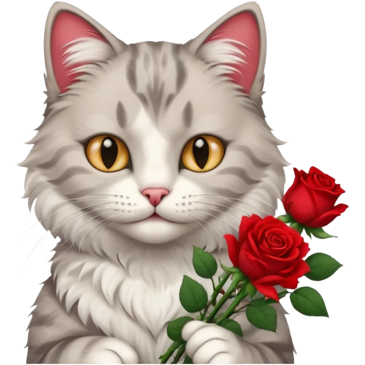 Male cat holding red flowers emoji