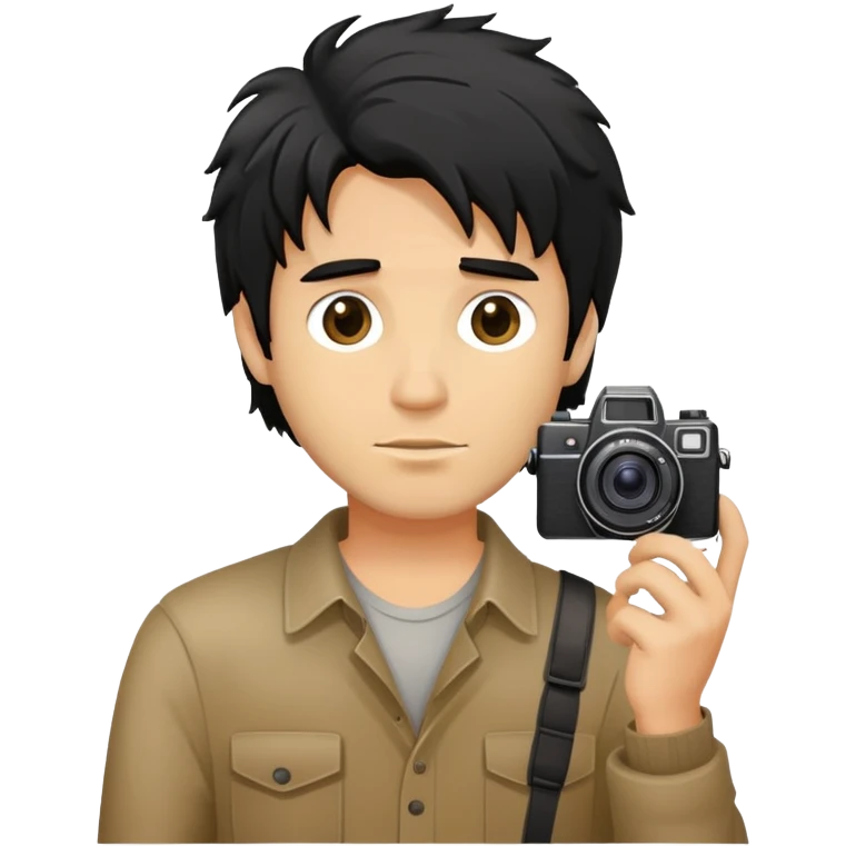 a man with black messy hair with one camera taking a photo emoji