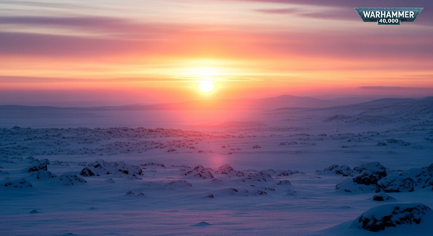 Cinematic, documentary photography, establishing shot, Warhammer 40.000 new title, in the style of snow scenes, ARRIFLEX 35 BL Camera, Canon K35 Prime Lenses, ethereal landscape, 70mm, dedication, Sunset, warm and vibrant colors, dedication emoji