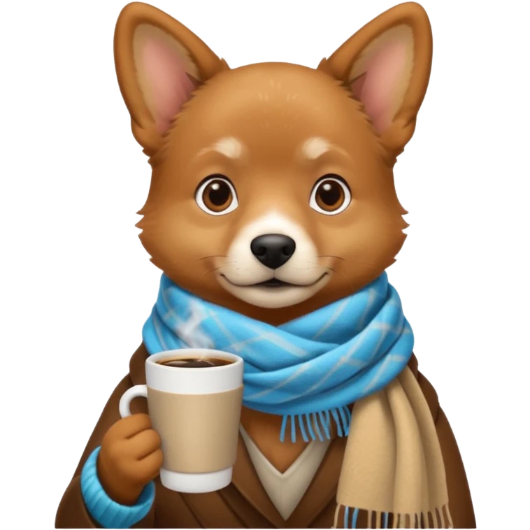 A dog drinking a cup of coffee, outside is cold emoji
