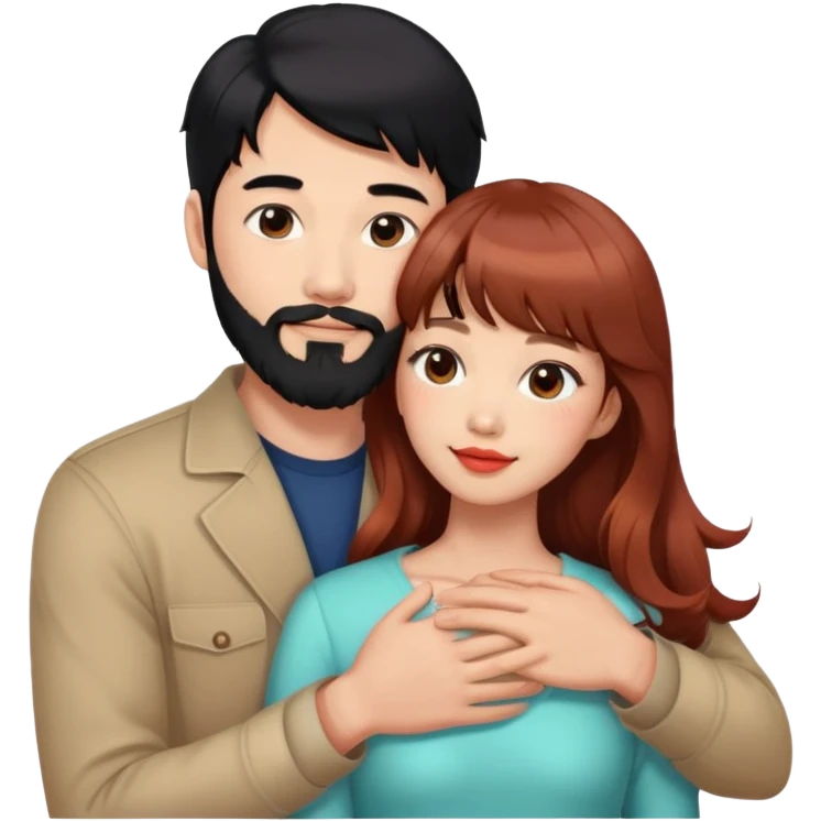 handsome tall asian man with black hair and beard, hugging cute woman with light tan skin and long wavy reddish brown hair with bangs and coral lipstick emoji