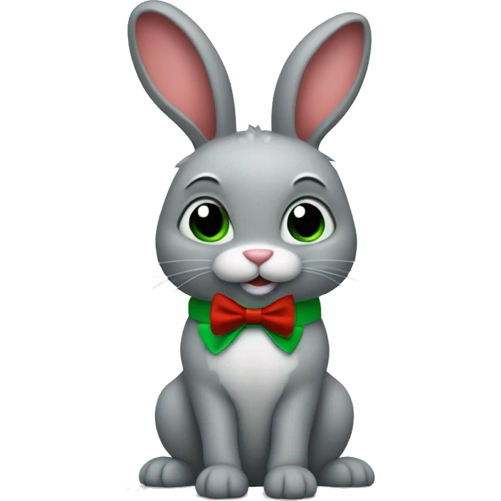 Gray bunny, one leg and one arm colored green, both ears are green, has a red bowtie on their neck emoji