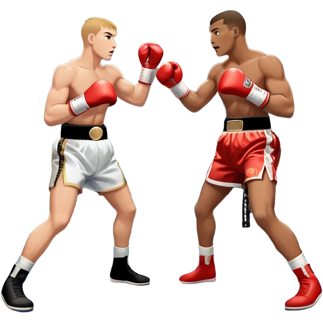  a high-stakes boxing match for the world championship title. Two professional boxers, wearing gloves and championship belts, exchange powerful punches in the center of the ring. The background features a packed arena with bright lights, a roaring crowd, and the championship banner hanging above.  emoji