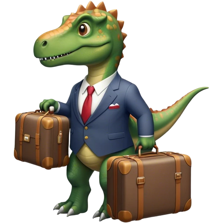 office Dinosaur in a suit, a huge luggage full of papers, trip emoji