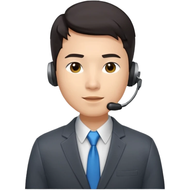 A young Asian man with smooth light skin, dark hair that swoops upward in the front, expressive eyes, a clean-shaven face, and a call-center style headset over one ear, usually paired with a crisp shirt and suit jacket visible from the chest up. emoji