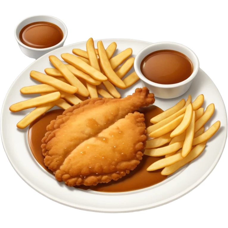 Chicken schnitzel chips and gravy on a plate emoji