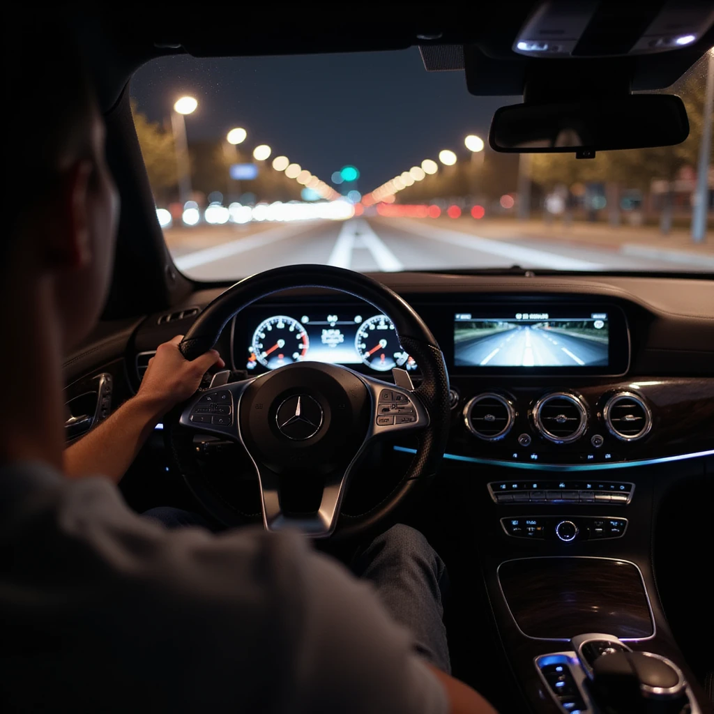 Mercedes E63 2024, photorealistic cockpit view from the driver's perspective, as if the viewer is driving, left hand on the steering wheel, night in Bucharest, city lights and motion blur outside, highly realistic emoji