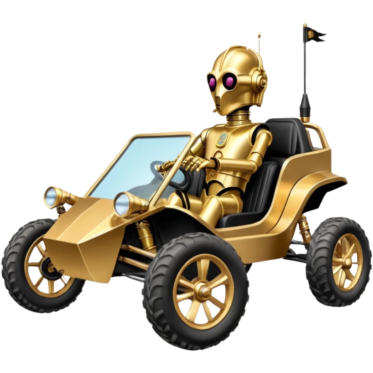 Old American West tarnished neon underglow C-3PO bounty hunter 1964 delicately ornate rosegold accents painted dune buggy buckboard wagon powered by electric motors and batteries with safety and belts flying rapidly roughening terrain stable on strong agile advanced suspension and steering emoji