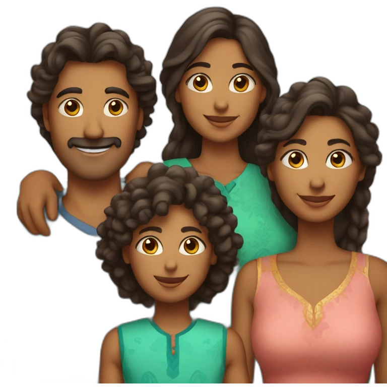 indian family with one dad and one son straight hair and one mom and one daughter curly hair emoji