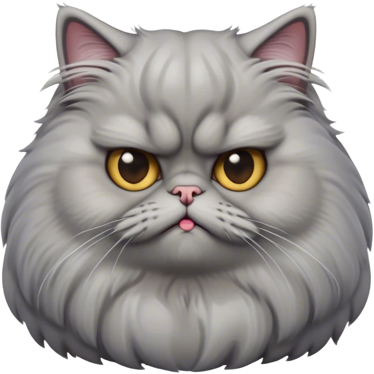 Cinematic Derpy grumpy comical Grey Persian Cat Portrait Emoji, Head tilted playfully with an adorably awkward expression, fluffy grey fur with soft silver undertones, Simplified yet hilariously derpy features, highly detailed, glowing with a warm but slightly confused glow, high shine, a mix of lazy and clueless, stylized with a touch of whimsy, bright but with a completely derpy and grumpy face, soft glowing outline, capturing the essence of a quirky yet chubby, grumpy kitty, so endearing it feels like it could stretch out of the screen and demand attention with its wonderfully derpy charm! emoji