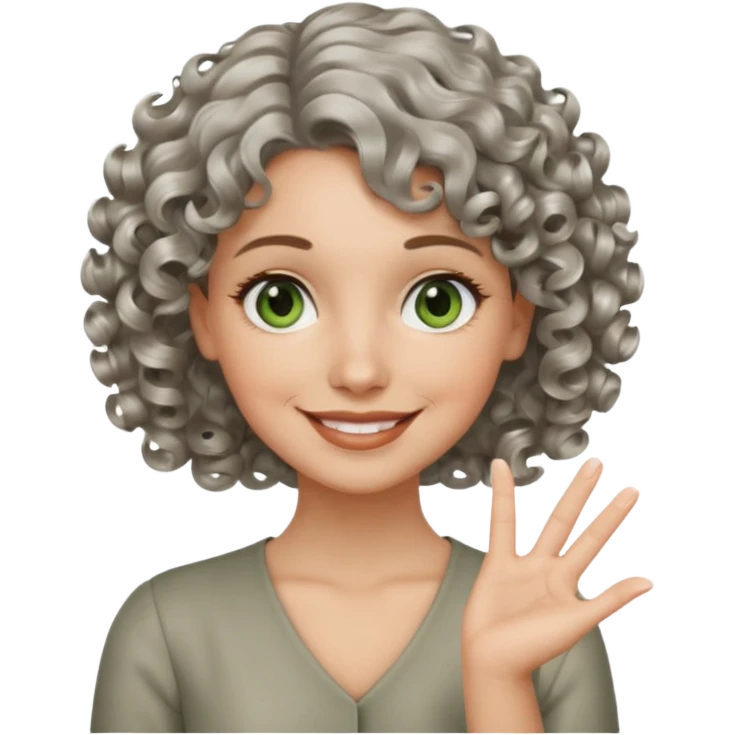 silver, short, wavy-haired with curls, smiling pretty lady, hopeful with fingers crossed on one hand, green/brown eyes emoji