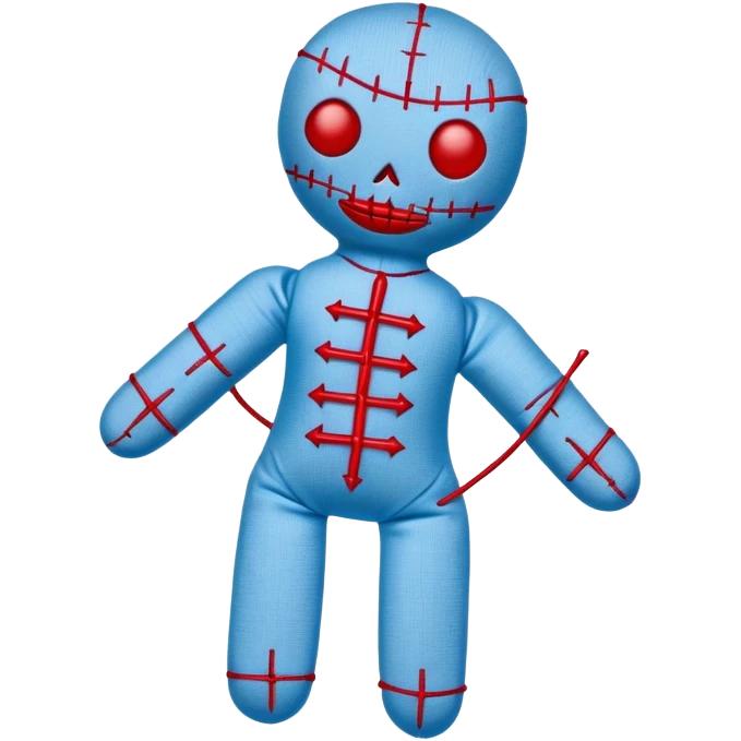 A voodoo doll made of fabric with Carolina blue (light blue) body and red stitches, with pins stuck in it emoji