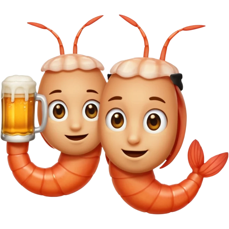 Design a trendy emoji-style illustration of two shrimp peeking from behind text, only half of their bodies visible, curious and playful expressions.
One shrimp holding a beer mug, the other pointing forward.
 emoji