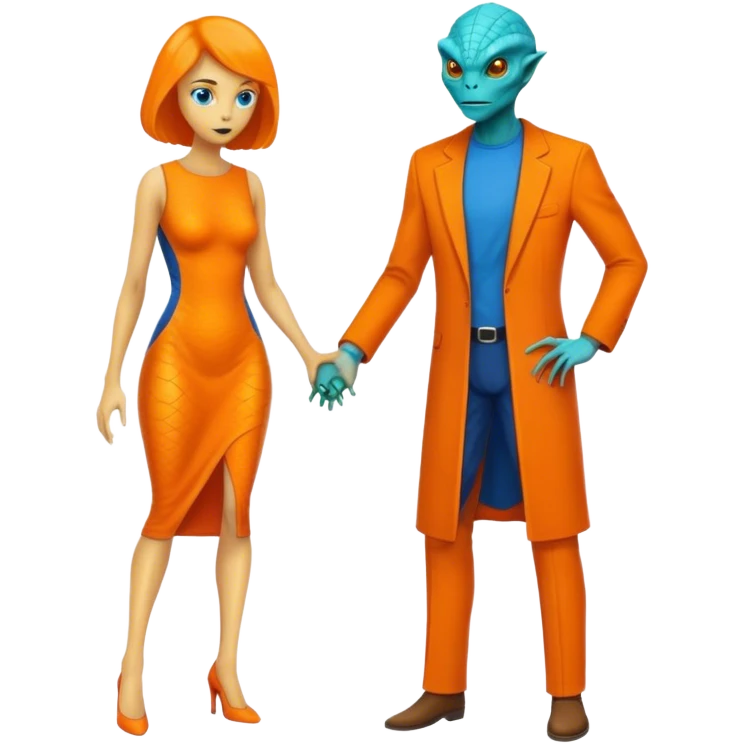 A reptilian alien woman in orange dress and human man in blue dress emoji