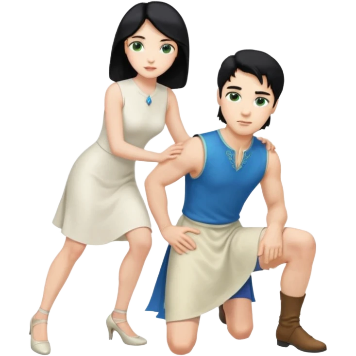 prince, upright, black Hair, blue eyes, garment, and woman, bending knee, sleveless white dress, blonde hair, green eyes, emoji