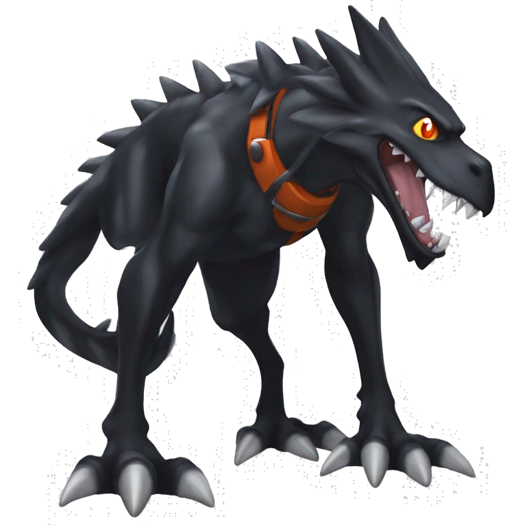 Black, Cool, Edgy, Nargacuga-Garchomp-Houndoom-Sergal Fakémon-Digimon with sharp markings,  full body emoji