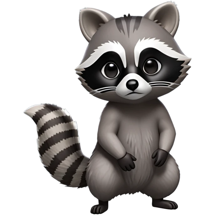 Cinematic-cute Raccoon-Realistic-hunched Full-Body on all fours-Emoji – Tail flicking lazily, head tilted dramatically, thick grey fur with a signature black mask, sharp and alert ears, simplified yet realistic focused features, highly detailed, glowing with an almost sarcastic glow big black eyes realistic body emoji