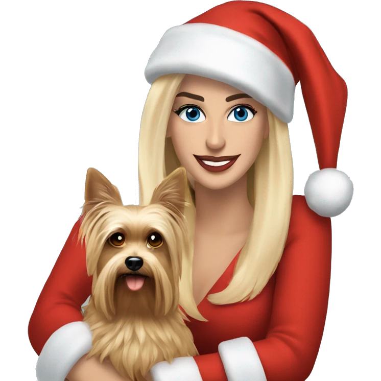 George Clooney & blonde woman blue eyes holding Yorkshire terrier wearing red santa hat emoji