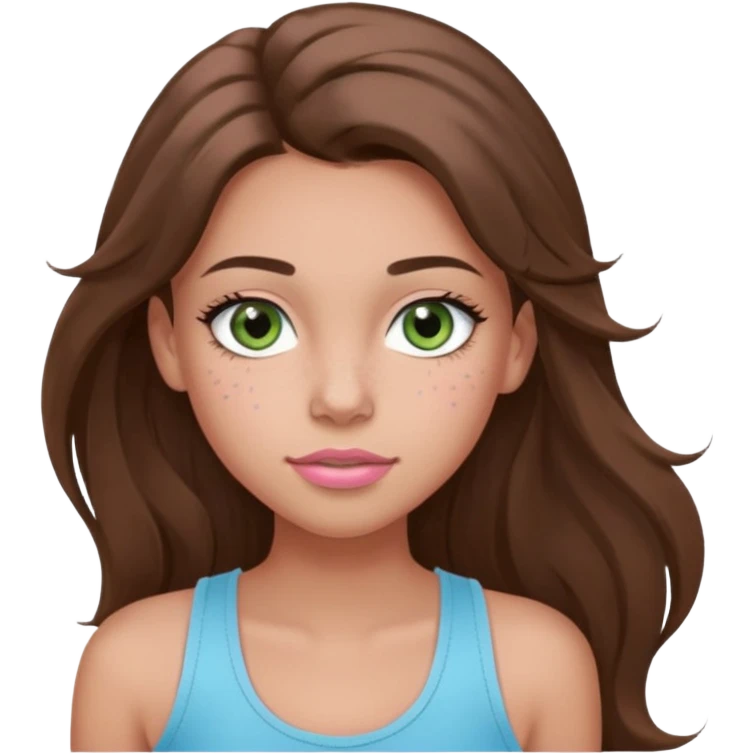 Create a teen girl wearing a light blue tank top. She will have long brunette hair, tan skin, pink lips, and grey-green eyes. She has long eyelashes. She also has light freckles  emoji