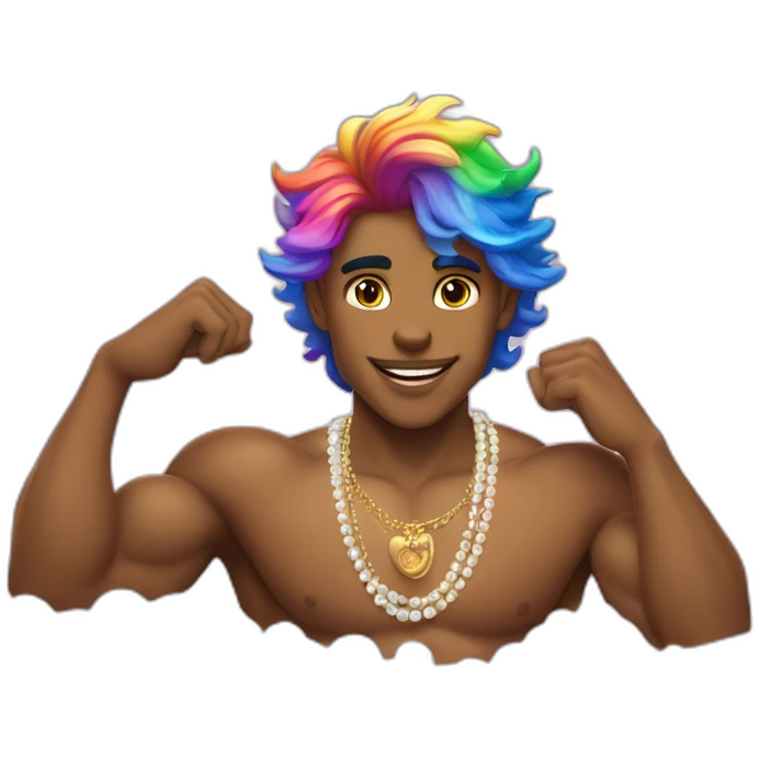 posh-muscle-boy-with-pearl-necklace-and-rainbow-unicorn-hair-in-golden-bathtub emoji
