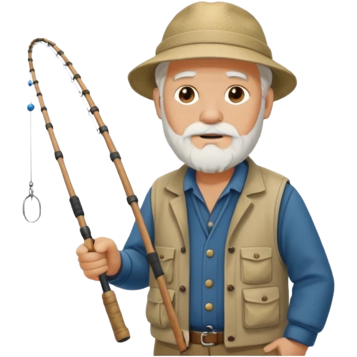 an old white haired, bearded man in fisherman attire, sat in a big boat on a calm sea, holding one fishing rod in one hand, with the end of the fishing line touching the water emoji