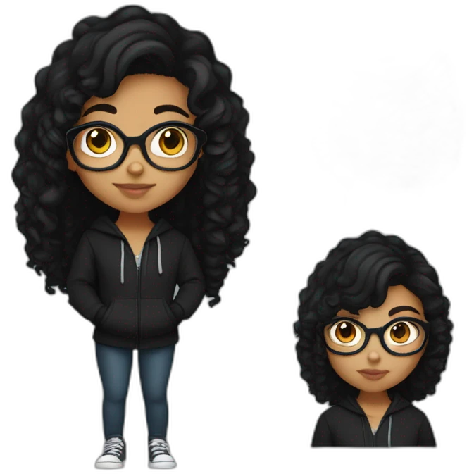 teenage indian girl with glasses with black curly hair wearing a black hoodie with no zipper emoji