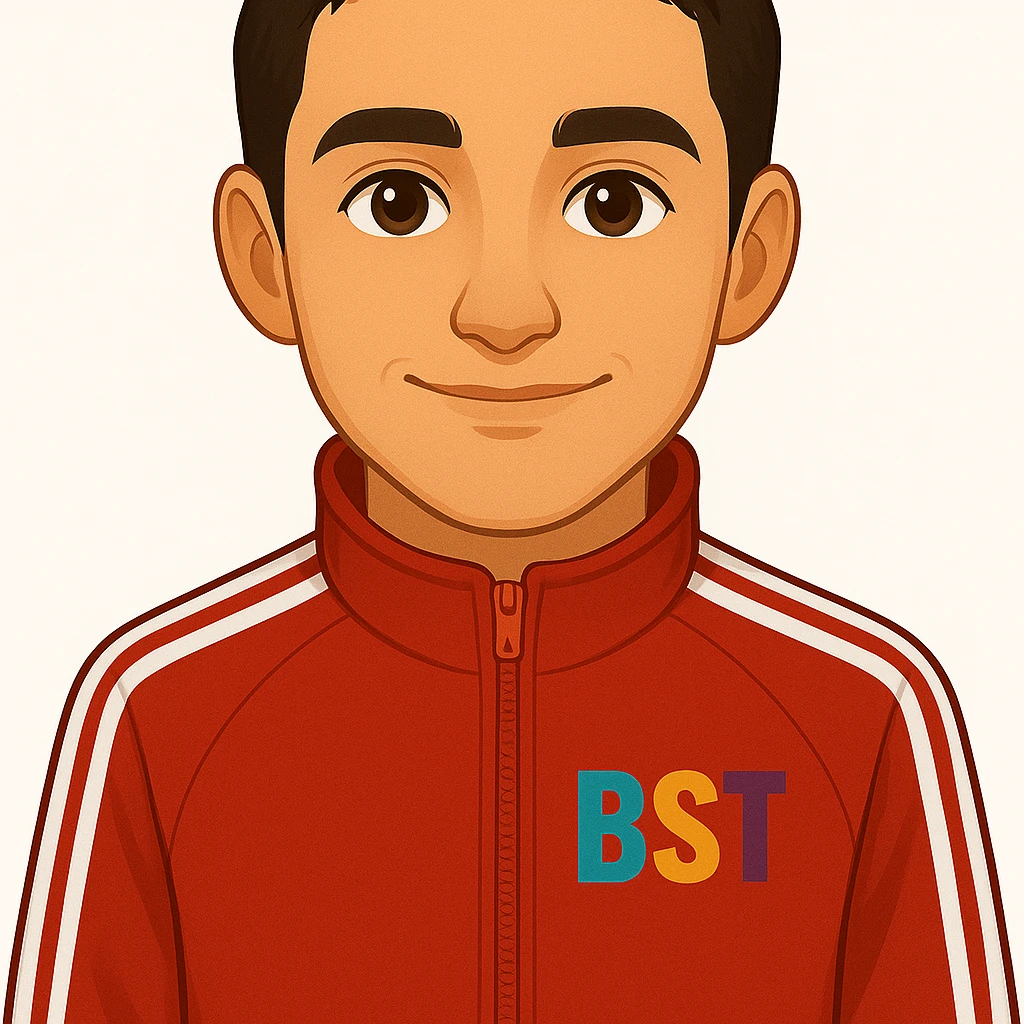 Shorten the hairstyle. Replace the black t-shirt with a classic red Adidas windbreaker featuring three white stripes. Keep the BST logo on the clothing. Maintain the style as in the original avatar. emoji